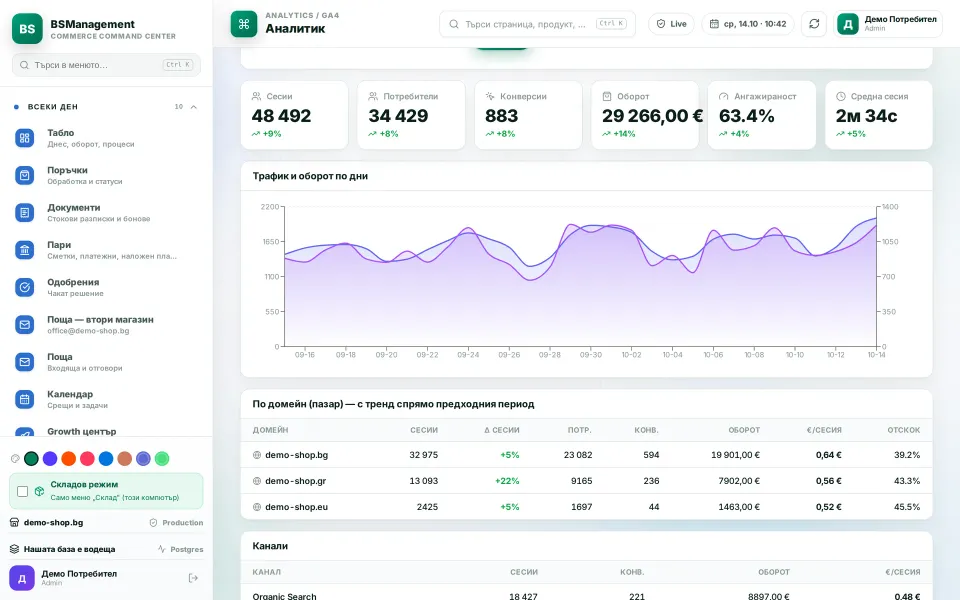 Traffic analytics: GA4 sessions, conversions and revenue by domain, daily trend and the speed of the most visited pages