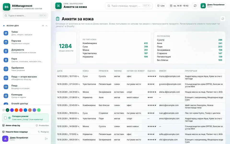 Customer quiz: answers from the website by skin type and concern, with rating and recommended products per customer