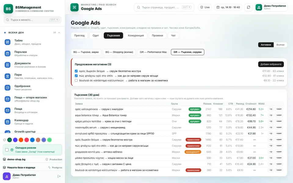 Google Ads search terms: real queries with translation, spend and ROAS, plus suggested negative keywords to approve