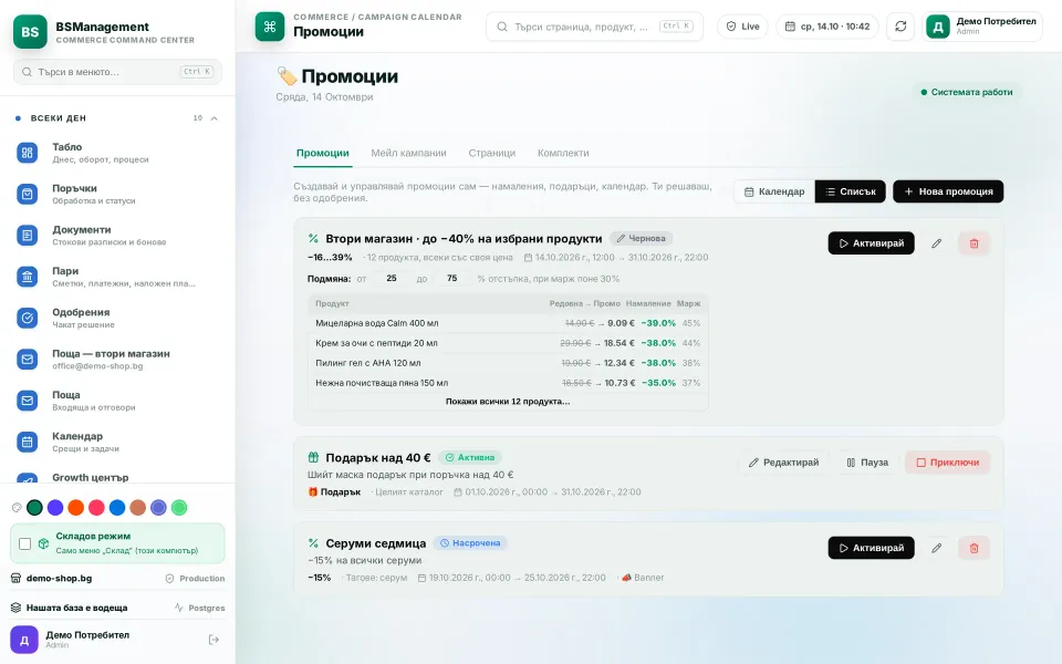 Promotion copied from the second shop: a draft with its own price per product, launched with one button