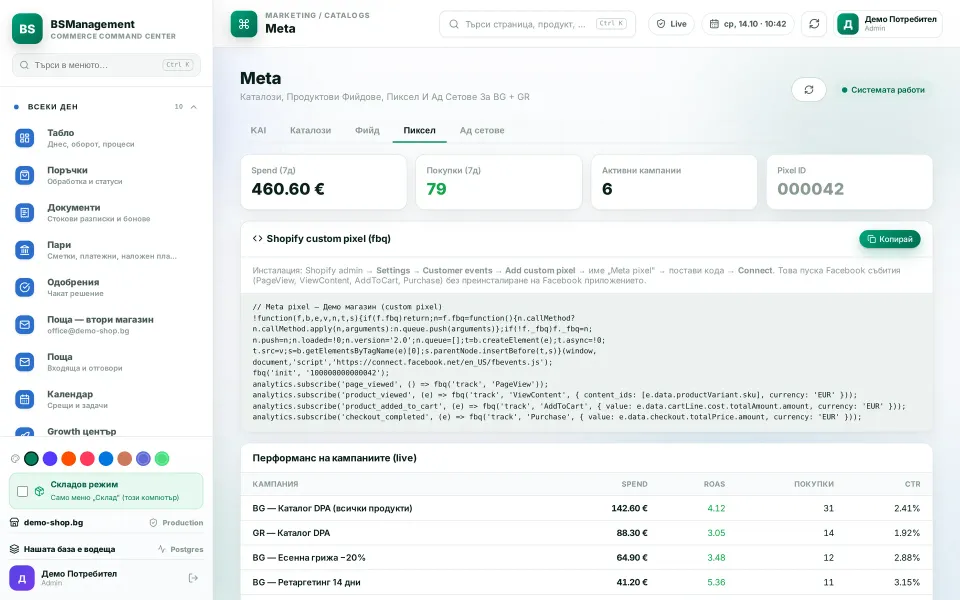 Meta: 7-day spend and purchases, store pixel code and per-campaign performance