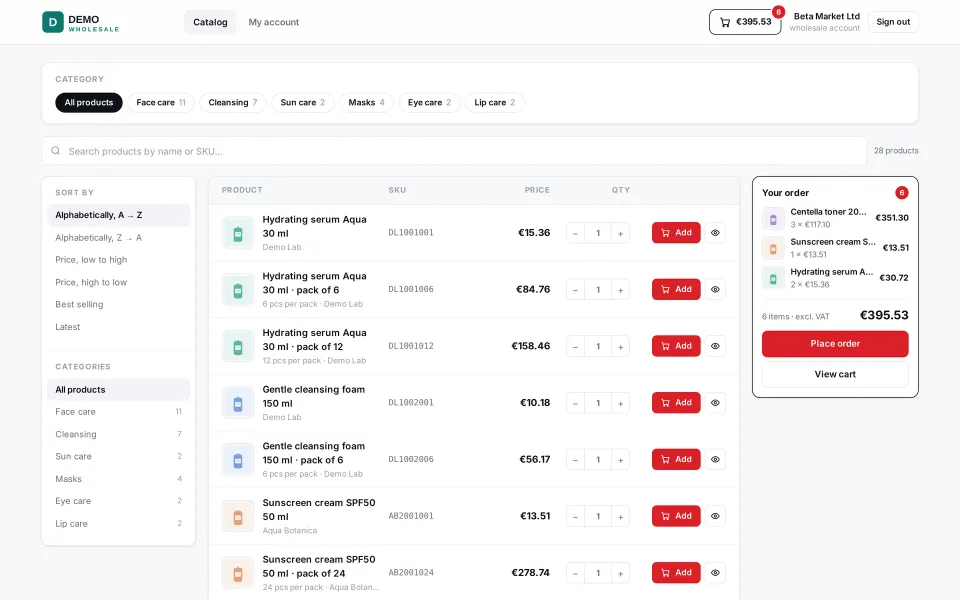 Wholesale site: the business customer signs in with their own account and orders from the catalogue at their price-list prices, with the cart on the side