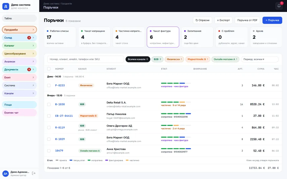 Work lists by stage: the "Awaiting invoice" tab with counts from the server and the stage of every row