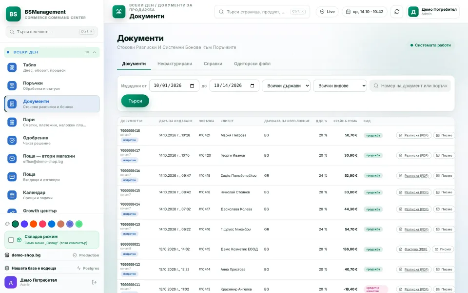 Sales documents: receipts, invoices and credit notes by series, with PDF and customer email