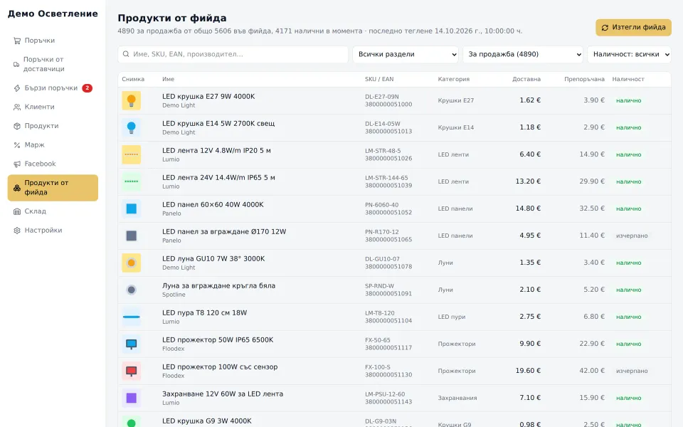 Supplier feed products: cost and recommended price, stock and category, refreshed on the latest pull